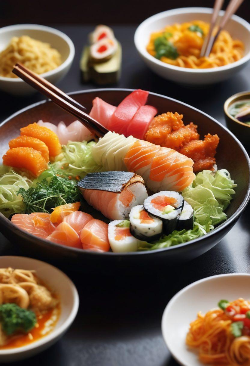A visually enticing scene featuring a pair of elegant chopsticks delicately picking up sushi, surrounded by vibrant dishes representing various global cuisines. In the background, creative insurance symbols like shields and umbrellas subtly blended into the design, representing protection. The overall atmosphere conveys a fusion of culinary art and the concept of safety. vibrant colors. super-realistic. soft focus.