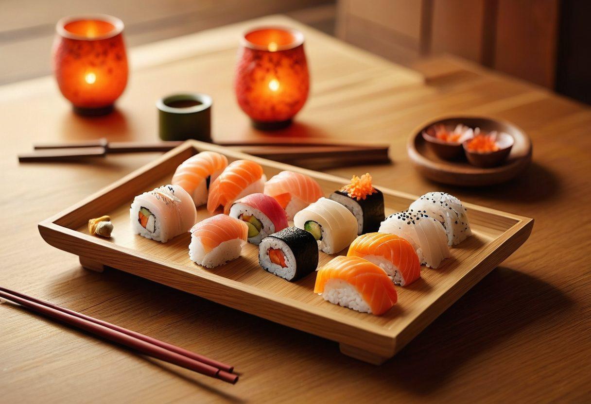 A beautifully arranged sushi plate featuring perfectly crafted chopsticks resting beside it, symbolizing balance and protection. Overlay a translucent shield encasing the chopsticks and sushi to represent insurance coverage. A soft, soothing ambiance with a hint of Japanese decor in the background enhances the theme of love and care. The colors should be rich and warm, evoking a cozy dining atmosphere. super-realistic. vibrant colors. soft focus.