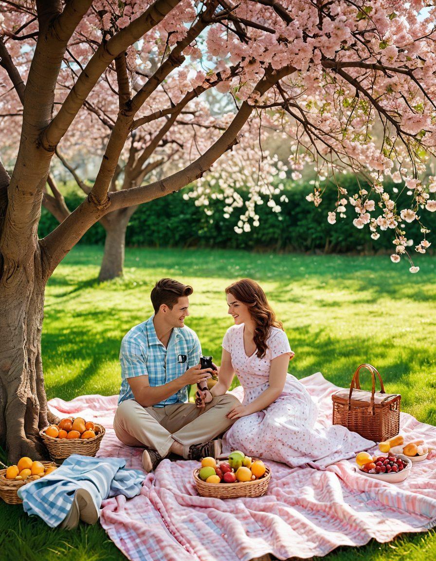 An intimate scene of a couple enjoying a picnic under a blossoming cherry tree, symbolizing love and protection. The couple shares a heartfelt moment, surrounded by picnic items like a blanket, fruits, and a vintage camera. Soft sunlight filters through the leaves, casting a warm glow. In the background, representational elements of insurance like documents or shields subtly blend with nature. super-realistic. vibrant colors. peaceful atmosphere.
